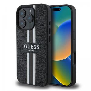 Θήκη PU Guess MagSafe Apple iPhone 16 Pro Hardcase Printed Stripes 4G Μαύρο