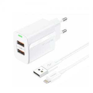 Φορτιστής Ταξιδίου Ταχείας Φόρτισης Foneng EU63 με Διπλή Έξοδο 2xUSB A 12W 2.4A & Καλώδιο USB A σε Lightning 1m Λευκό