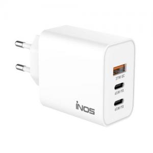 Φορτιστής Ταξιδίου Ταχείας Φόρτισης inos με Τριπλή Έξοδο USB A & 2xUSB C GaN PD QC 3.0 65W Λευκό
