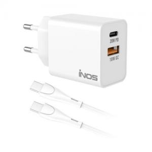 Φορτιστής Ταξιδίου Ταχείας Φόρτισης inos με Διπλή Έξοδο USB A & USB C PD QC 3.0 20W & USB C Καλώδιο 1m Λευκό
