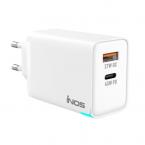 Φορτιστής Ταξιδίου Ταχείας Φόρτισης inos με Διπλή Έξοδο USB A & USB C GaN PD QC 3.0 45W Λευκό
