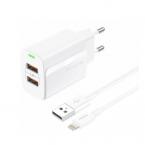 Φορτιστής Ταξιδίου Ταχείας Φόρτισης Foneng EU63 με Διπλή Έξοδο 2xUSB A 12W 2.4A & Καλώδιο USB A σε Lightning 1m Λευκό