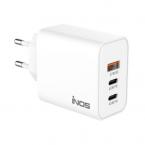 Φορτιστής Ταξιδίου Ταχείας Φόρτισης inos με Τριπλή Έξοδο USB A & 2xUSB C GaN PD QC 3.0 65W Λευκό