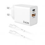Φορτιστής Ταξιδίου Ταχείας Φόρτισης inos με Διπλή Έξοδο USB A & USB C PD QC 3.0 20W & USB C Καλώδιο 1m Λευκό